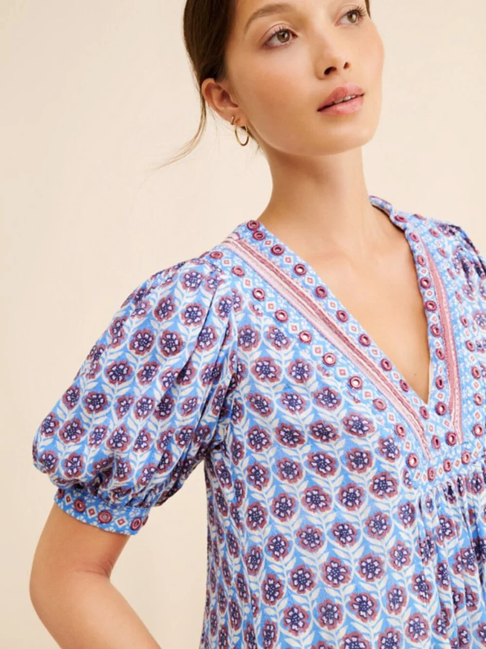 Maeve by Anthropologie Blue Puff-Sleeve V-Neck Mini Dress Large 38487 - Picture 2 of 13